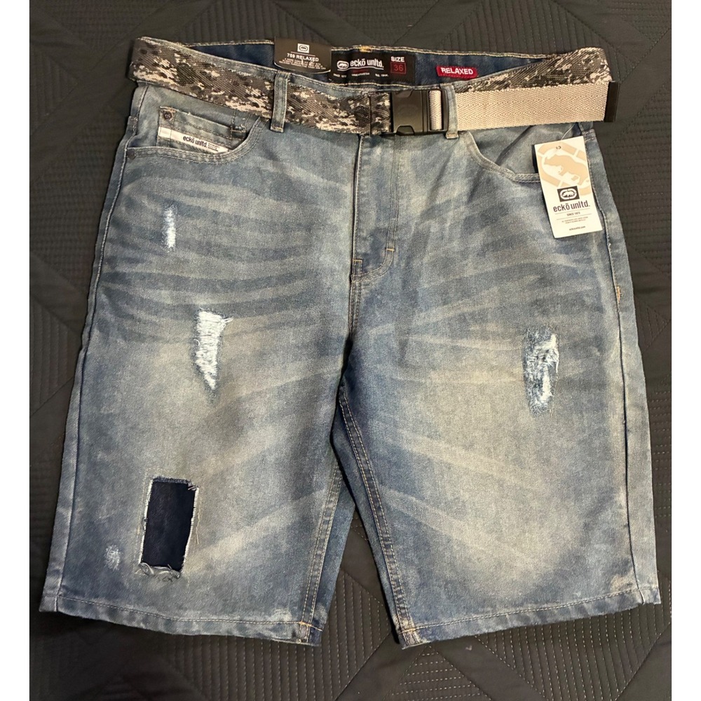 Ecko Unltd 759 Relaxed Mens Denim Shorts Blue Distressed Camo Belt Size 36 NWT‎